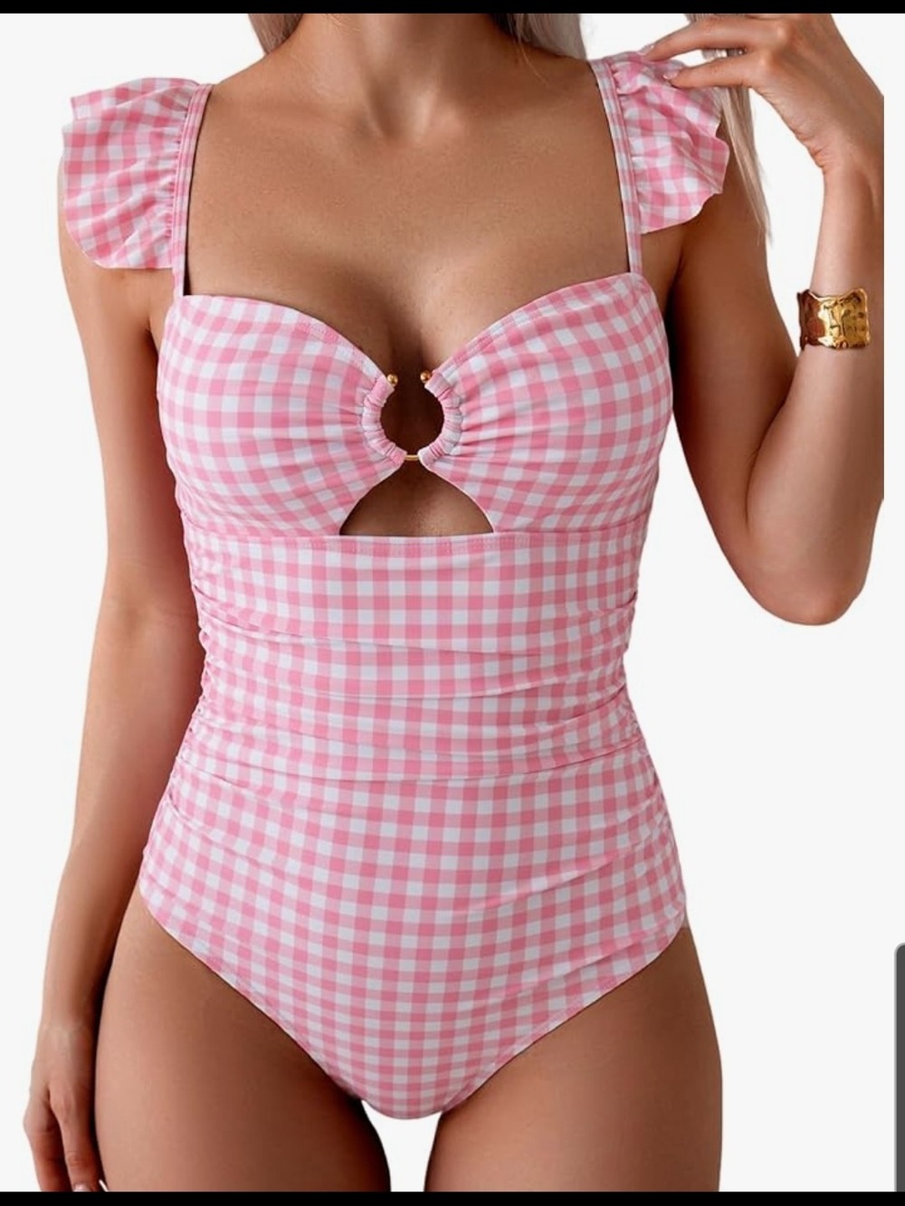 Pink Gingham One-Piece Swimsuit with Ruffle Straps Size Large